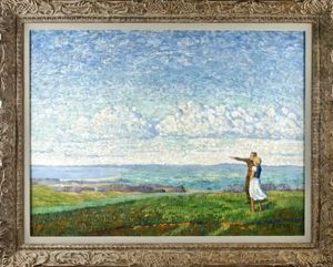 Weite Landschaft Mit Einem Parchen Auf Anhohe In Die Ferne Blickend by Rudolf Hesse