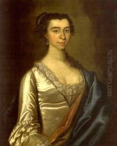 Portrait Of A Woman Wearing A Pearl Necklace, White Dress And Blue Shawl by John Hesselius