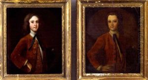 Portrait Of A Man Wearing A Red Waist Coat, Embroidered Vest And White Collar (+ Another; Pair) by John Hesselius