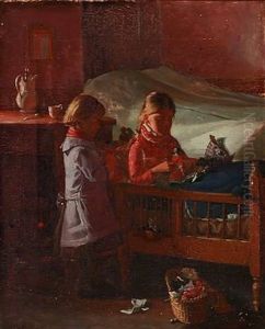 Interior With Two Small Girls Playing by Hans Andreasen Hessellund