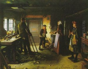 Interior Med Familie I Snedkervaerkstedet by Hans Andreasen Hessellund