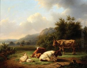 Mountain Landscape With Cattle In The Foreground by Georg Heinrich Hessler