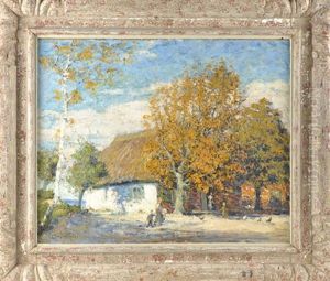 Magd Mit Unter Baumen Spielenden Kindern Vor Einem Gehoft by Carl Hessmert