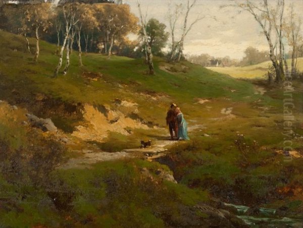 Bachlandschaft Mit Paar Und Hund - view 1