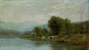 Hirte Mit Kuhen An Der Tranke Am Ufer Eines Gebirgssees