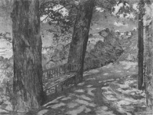 Parkbank Unter Baumnen, Ausblick Auf Hauser Am Hang In Eine Ebene by Otto Hettner