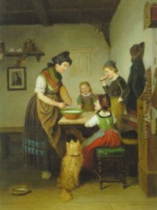 Junge Bauerin Mit Drei Kindern In Der Stube Am Tisch Bei Der Mahlzeit