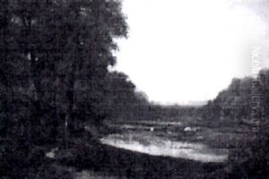 Cows Grazing Near A Stream by George Hetzel