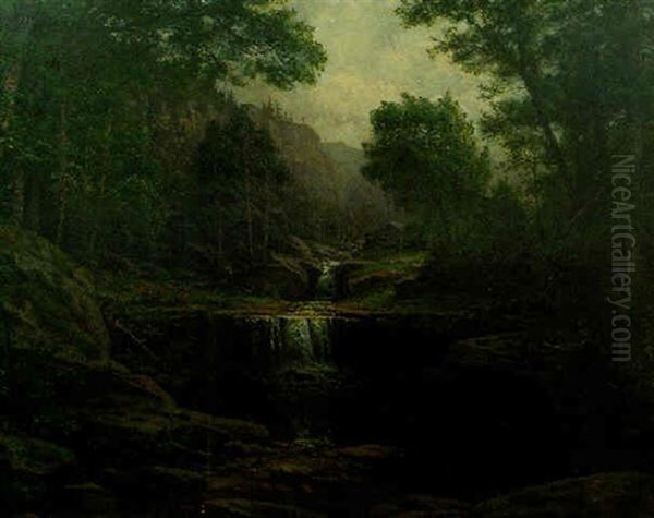 Mountain Landscape With Waterfall And Log Cabin In Middle Distance - view 1