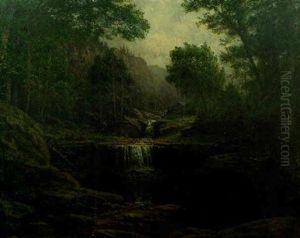 Mountain Landscape With Waterfall And Log Cabin In Middle Distance by George Hetzel