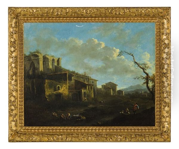 Paesaggio Con Case, Rovine Romane E Figure - view 1