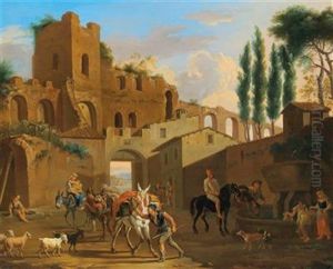 Horsemen And Washerwomen At A Well Near An Aqueduct