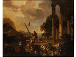 Landschaft Mit Ruinen, Figuren Und Booten In Einer Bucht