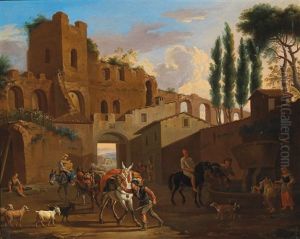 Horsemen And Washerwomen At A Well Near An Antique Aqueduct