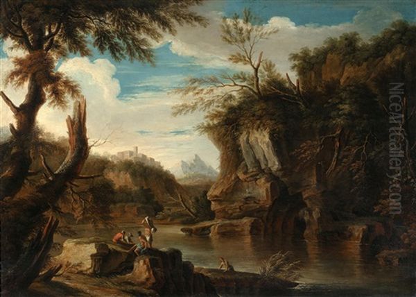 Figures In A Rocky River Landscape - view 1