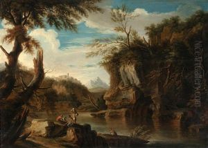 Figures In A Rocky River Landscape by Jacob De Heusch