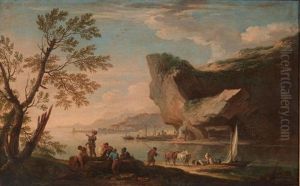 Soldats Conversant Pres D'un Rocher; Bateaux Pres D'une Tour Italienne (2 Works) by Jacob De Heusch