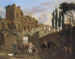 Riders And Washerwomen At A Fountain Before A Ruined Roman Aqueduct by Jacob De Heusch