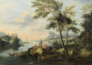 An Extensive Italianate River Landscape With Figures Resting On A Rock; And Figures Fishing In An Extensive Italianate River Landscape (2 Works) by Jacob De Heusch