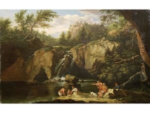 Figures Bathing Before A Waterfall, A View To Tivoli In The Distance by Jacob De Heusch