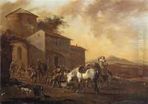 An Italianate Landscape With A Hunting Party Before An Inn by Jacob De Heusch