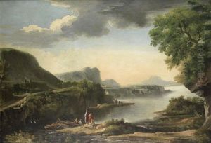 Figures Fishing On A Riverbank, An Extensive River Landscape Beyond