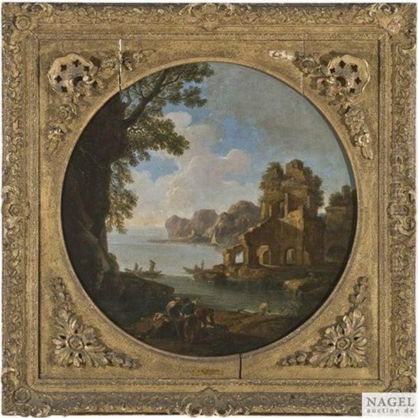 Italienische Kustenlandschaft Mit Einer Fischerbucht Und Ruinen Als Rundbild - view 1
