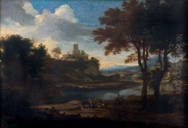 Personnages Et Cavaliers Pres D'un Chateau Fortifie - view 1
