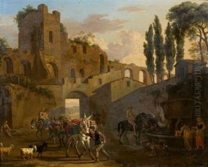 Paysans Et Cavaliers Devant La Fontaine, Derriere Des Ruines Antiques