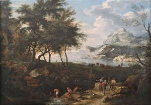 Weite Landschaft Mit Einer Meeresbucht Im Abendlicht, Im Vordergrund Reisende Und Soldaten An Einem Bach