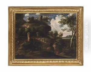 A Rocky River Landscape With Travellers On A Track, Ruins Beyond by Jacob De Heusch