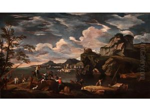Sudliche Kustenlandschaft Mit Meeresbucht, Ansteigenden Felsigen Bergen Und Reicher Figurenstaffage Sudliche Kustenlandschaft Mit Meeresbucht, Ansteigenden Felsigen Bergen Und Reicher Figurenstaffage