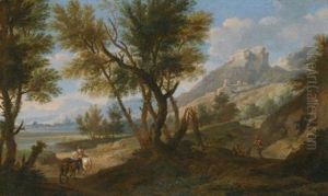 An Italianate Landscape With A Muleteer On A Wooded Path, A River And Mountains Beyond by Jacob De Heusch