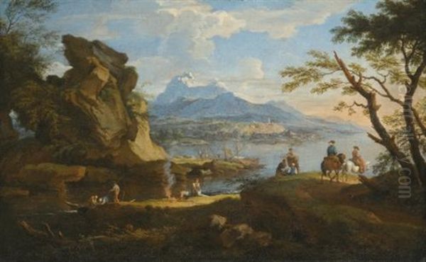 A Harbour Scene With Fishermen Returning To Shore, Some Travellers Setting Up Camp, And Two Riders On A Pass, Mountains Beyond - view 1