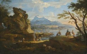 A Harbour Scene With Fishermen Returning To Shore, Some Travellers Setting Up Camp, And Two Riders On A Pass, Mountains Beyond by Jacob De Heusch