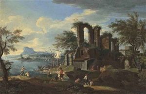 A Coastal Landscape With Fishermen On The Shore Near Classical Ruins, A Mountain Range Beyond by Jacob De Heusch