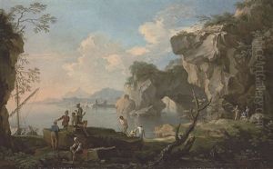 A Coastal Landscape With A Natural Arch, Fishermen In The Foreground by Jacob De Heusch