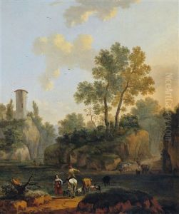 Italienische Landschaft Mit Einem Flusslauf, Einem Wachtturm Und Hirtenstaffage