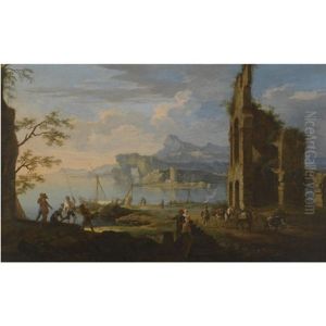 A Mediterranean Harbour Scene With Ruins And Figures Unloading Cargo In The Foreground by Jacob De Heusch