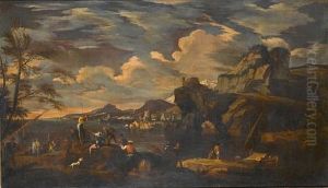 A Mediterranean Coastline With Figures Resting On Rocks In The Foreground
