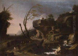 Felsige Herbstlandschaft Mit Wasserfall Und Figurenstaffage by Jacob De Heusch