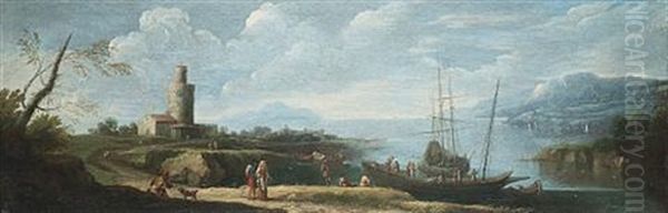 A River Estuary With Moored Shipping And Figures On The Shore In The Foreground - view 1