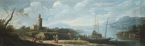 A River Estuary With Moored Shipping And Figures On The Shore In The Foreground by Jacob De Heusch