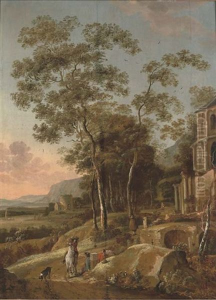 A Wooded River Landscape With A Figure On Horseback And Anglers Resting On A Track, Classical Ruins Beyond - view 1