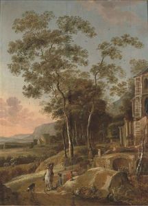 A Wooded River Landscape With A Figure On Horseback And Anglers Resting On A Track, Classical Ruins Beyond by Jacob De Heusch