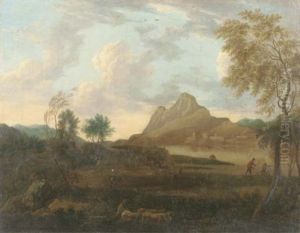 An Extensive Mountainous River Landscape With A Herdsman Driving Cattle And Fisherfolk On A River Bank