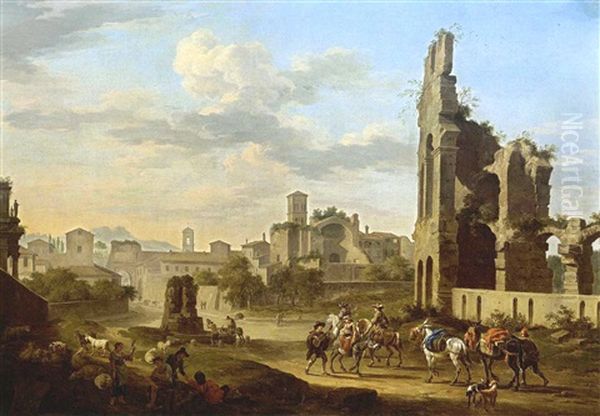 Rome: A View Of The Forum Romanum With Horsemen And Mules With Travellers In The Foreground Together With Shepherds And Their Herd Making Music - view 1