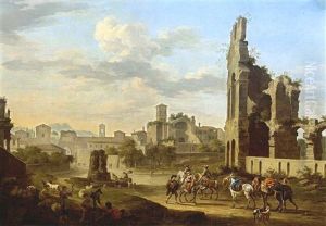 Rome: A View Of The Forum Romanum With Horsemen And Mules With Travellers In The Foreground Together With Shepherds And Their Herd Making Music