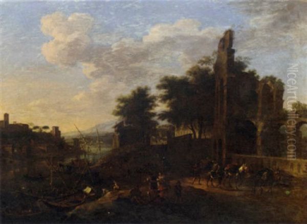 A River Landscape With Travellers On A Path And Peasants Conversing By Moored Ships, A Town Beyond - view 1