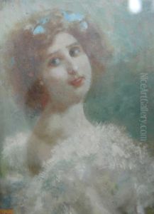 " Ritratto Di Fanciulla " Olio Su Cartoncino Firmato In Alto A Destra by Alessandro Barbieri